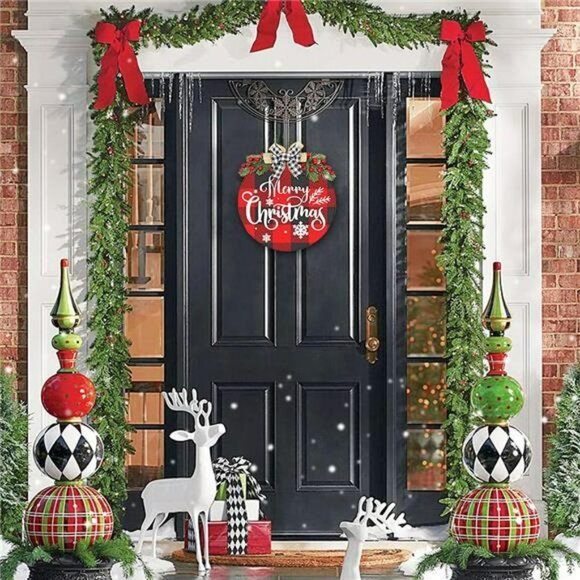 Decorations Wreath, Merry Christmas Buffalo Plaid Hanging Sign Rustic Wooden - Picture 6 of 7